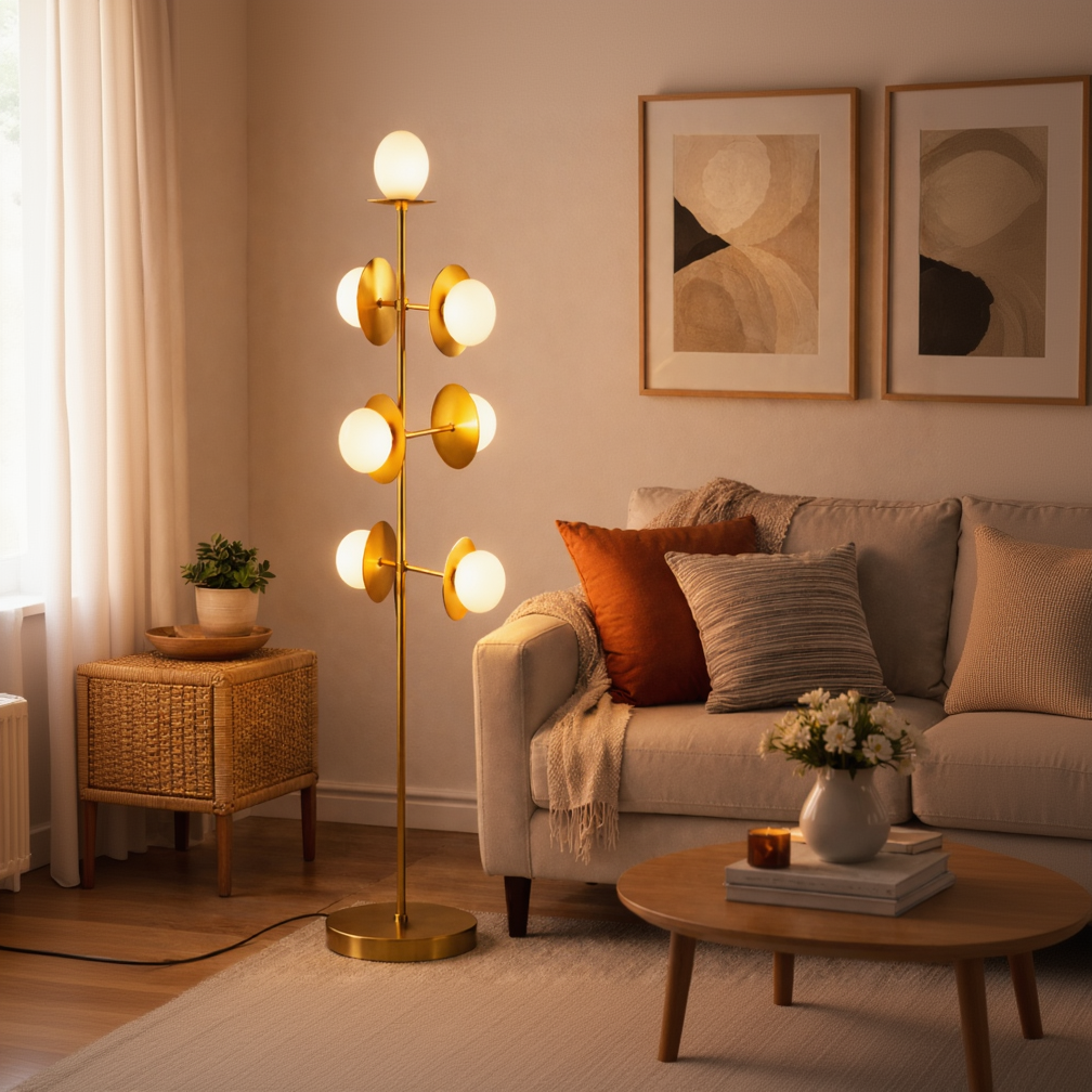Kehf Al Fateh Celestia Orb floor lamp with antique brass finish, designer lighting fixture featuring a spherical orb design.