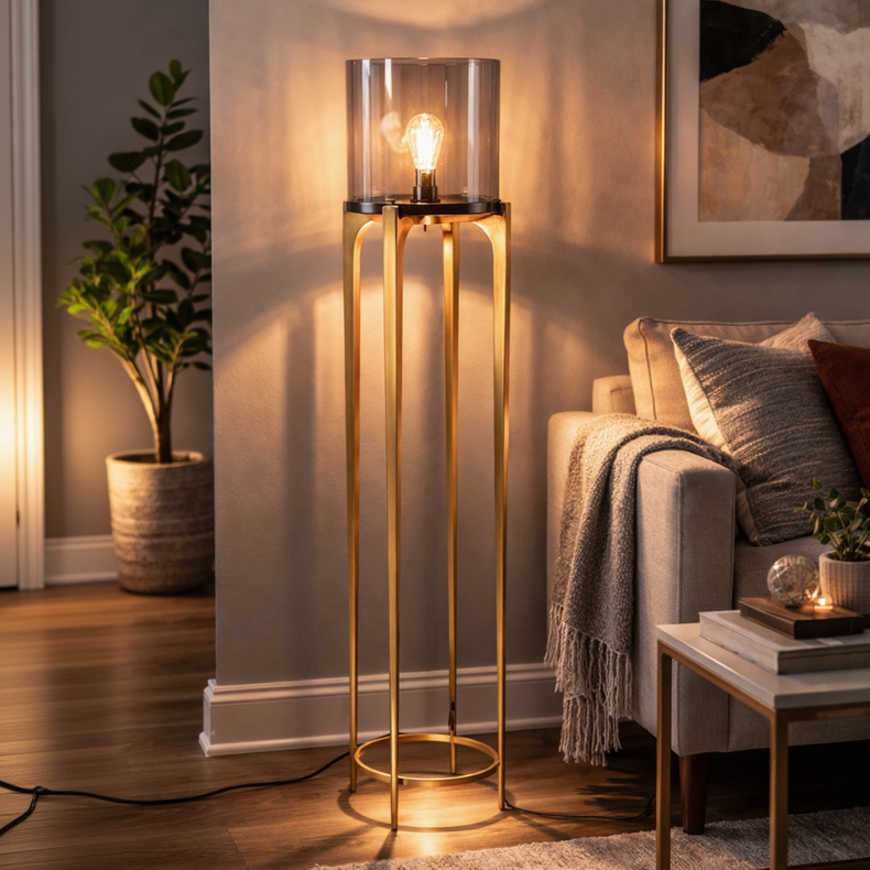 Kehf Al Fateh Aureon Glass Column Floor Lamp in antique brass with a sleek, modern designer design and clear glass body.