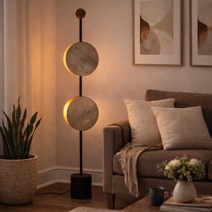 Kehf Al Fateh Solara Disc Floor Lamp in white wash designer style, featuring a sleek, modern disc-shaped shade and sturdy base.