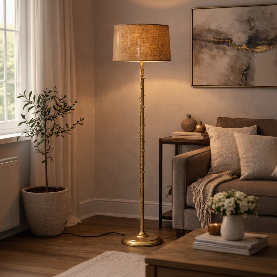 Kehf Al Fateh Auric Stem Floor Lamp in gold leaf finish, designer floor lamp with sleek, modern design and tall, elegant silhouette.