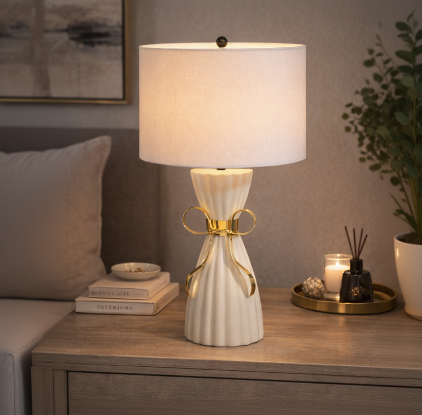 Elara Bow Table Lamp gold and white modern designer table lamp for bedside and living room