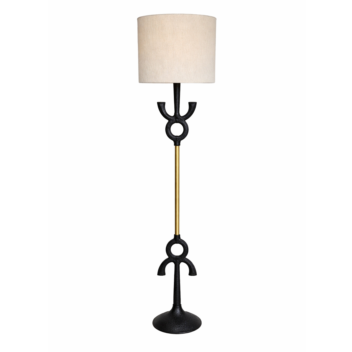 Kehf Al Fateh Aurelius Sculpted Floor Lamp in black and gold with a sleek designer silhouette, modern lighting for living spaces.