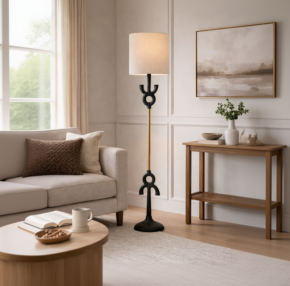 Elegant black and gold designer Aurelius sculpted floor lamp by Kehf Al Fateh, featuring a modern sculptural design.
