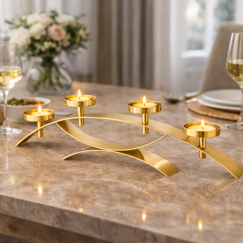 Brich & Bronze Linea Curve four-candle centerpiece with sleek curved design and space for candles, set on a neutral surface.