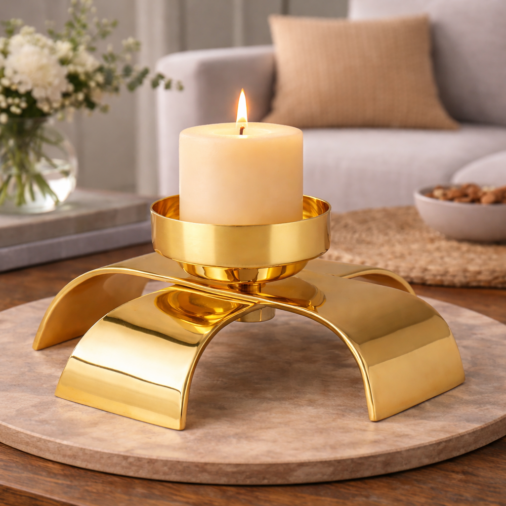 Brich & Bronze Solara Arc Candle Holder featuring a sleek, modern design with a curved metal structure and space for a candle.