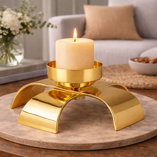 Brich & Bronze Solara Arc Candle Holder featuring a sleek, modern design with a curved metal structure and space for a candle.