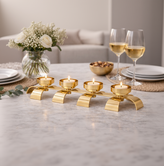 Brich & Bronze Lunaris Flow four-candle stand with sleek metal design, featuring four candle holders in an elegant, modern style.