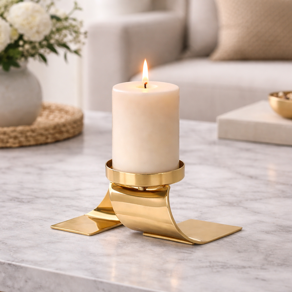 Brich & Bronze Auric Wave candle holder with a sleek, artistic wave design in metallic finish.