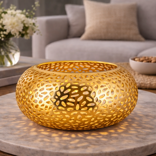 Large Brich & Bronze Luma Bloom hurricane candle holder with intricate floral design and glass enclosure for candles.