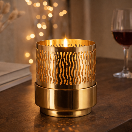 Small Liora Gold Hurricane by Brich & Bronze, decorative glass candle holder with gold finish, showing a stylish and elegant design.