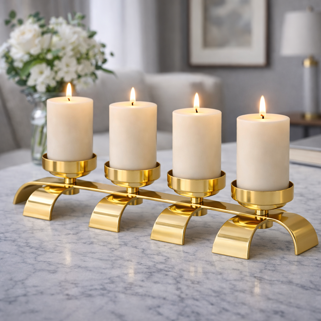 Brich & Bronze Lunaris Flow four-candle stand with sleek metal design and four candle holders on a modern stand.