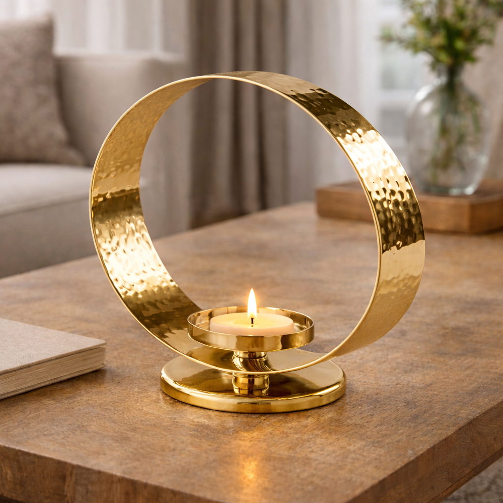 Aurevia Halo Gold Candle Holder by Brich & Bronze, modern circular metal décor with a sleek gold finish, designed for candles.