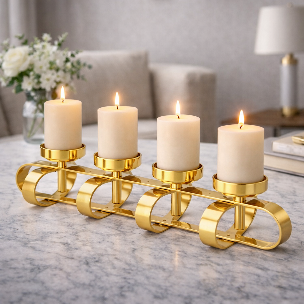 Gold loop candle holder with four candle slots, modern metal table decor featuring a sleek, contemporary design.