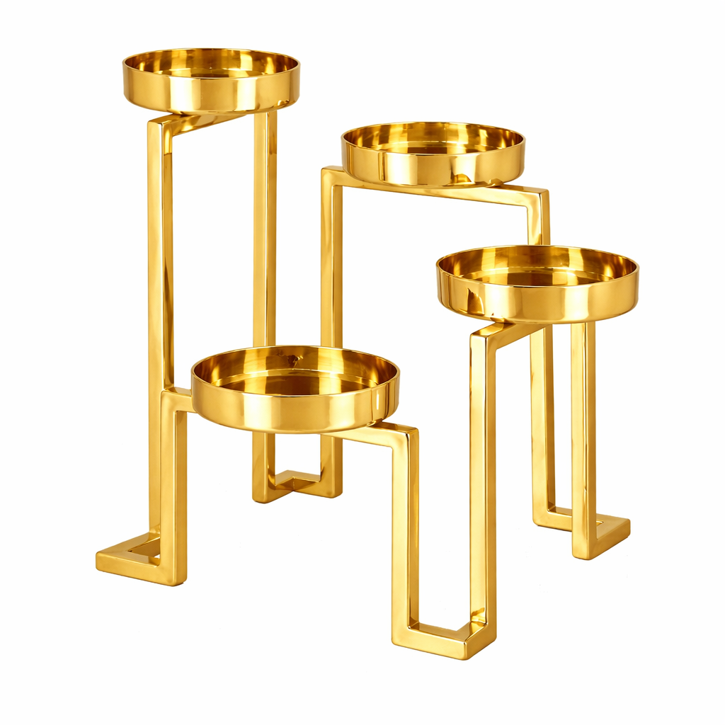 Brich & Bronze Virex tiered candle holder with multiple levels for candles, made of metal with a sleek, modern design.