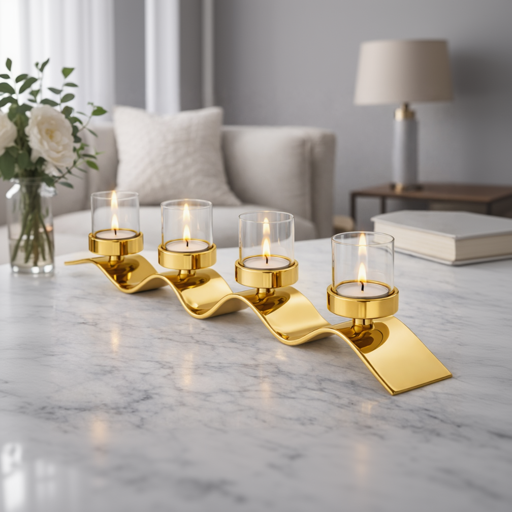 Large Celaro Wave glass candle stand by Brich & Bronze with a sleek, wave design and clear glass finish.