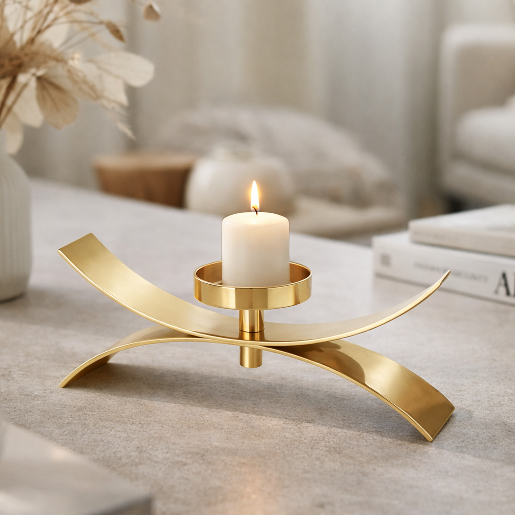 Brich & Bronze Xerra Arc Gold Candle Holder with curved design, perfect for decorative or ambient lighting displays.
