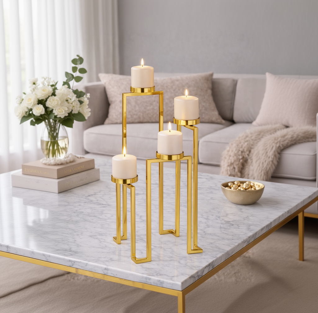Brich & Bronze Auric Tier Candle Stand Set featuring multiple elegant candle holders with a metallic finish.