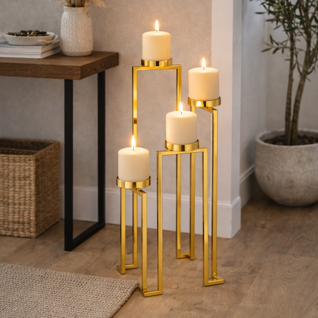 Aureline Ascend Gold Floor Candle Stand by Brich & Bronze, elegant gold metal holder with a tall, modern design for pillar candles.