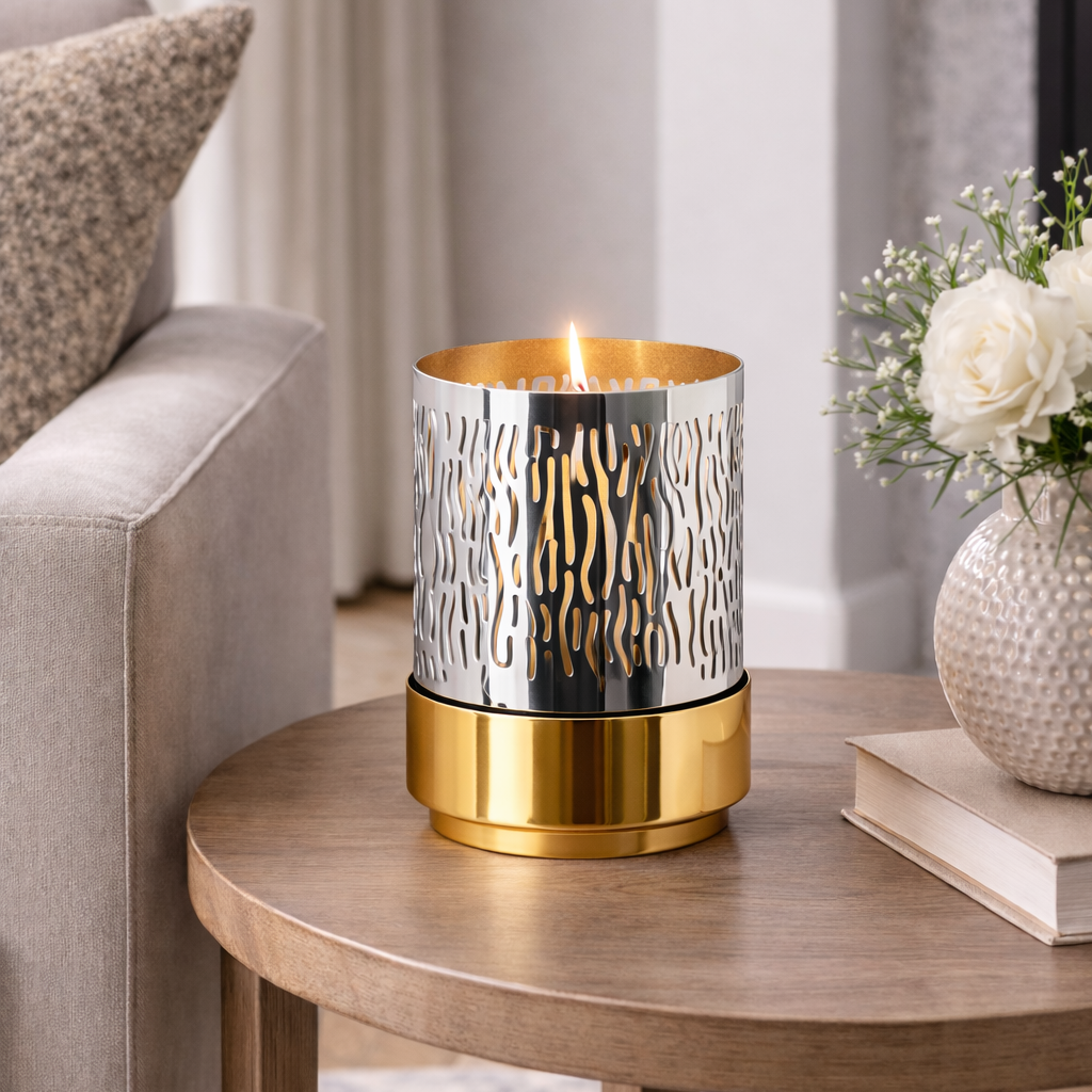 Decorative gold and shiny metal candle holder by Brich & Bronze, showcasing a sleek, elegant design for home decor.