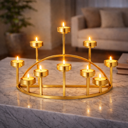Golden Meridian candle stand by Brich & Bronze featuring a sleek, elegant design with a gold finish for decorative lighting.