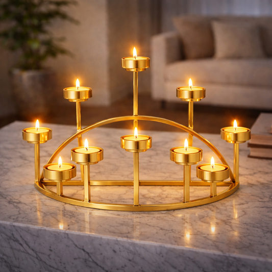 Golden Meridian candle stand by Brich & Bronze featuring a sleek, elegant design with a gold finish for decorative lighting.