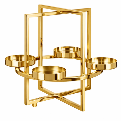 Brich & Bronze Auric Axis Grande four-light candle stand with large, modern design featuring four candle holders on a sleek stand.
