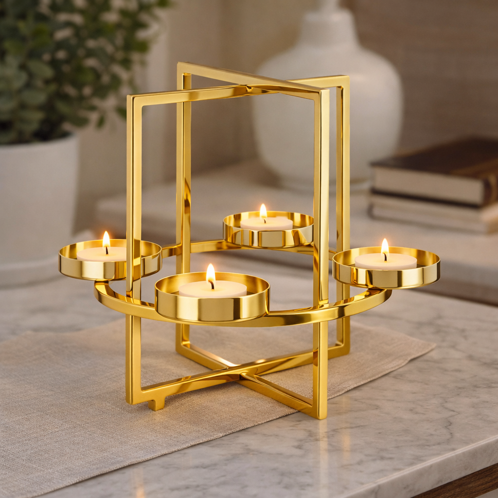 Small Brich & Bronze Auric Axis four-light candle stand with sleek metal design and four candle holders.