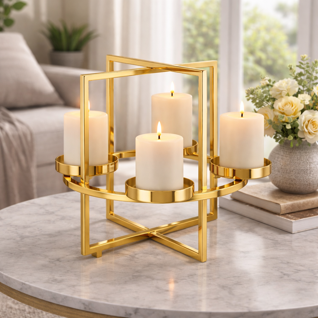Brich & Bronze Auric Axis Grande four-light candle stand with large metal frame and candle holders, showcasing a modern, elegant design.