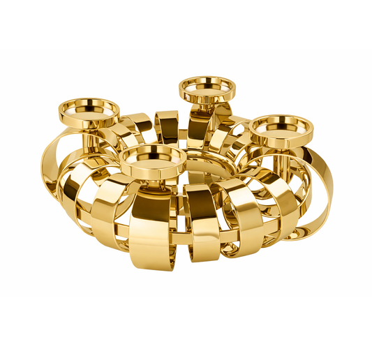 Large gilded candle stand featuring an orbit design by Brich & Bronze, perfect for elegant tabletop decor.