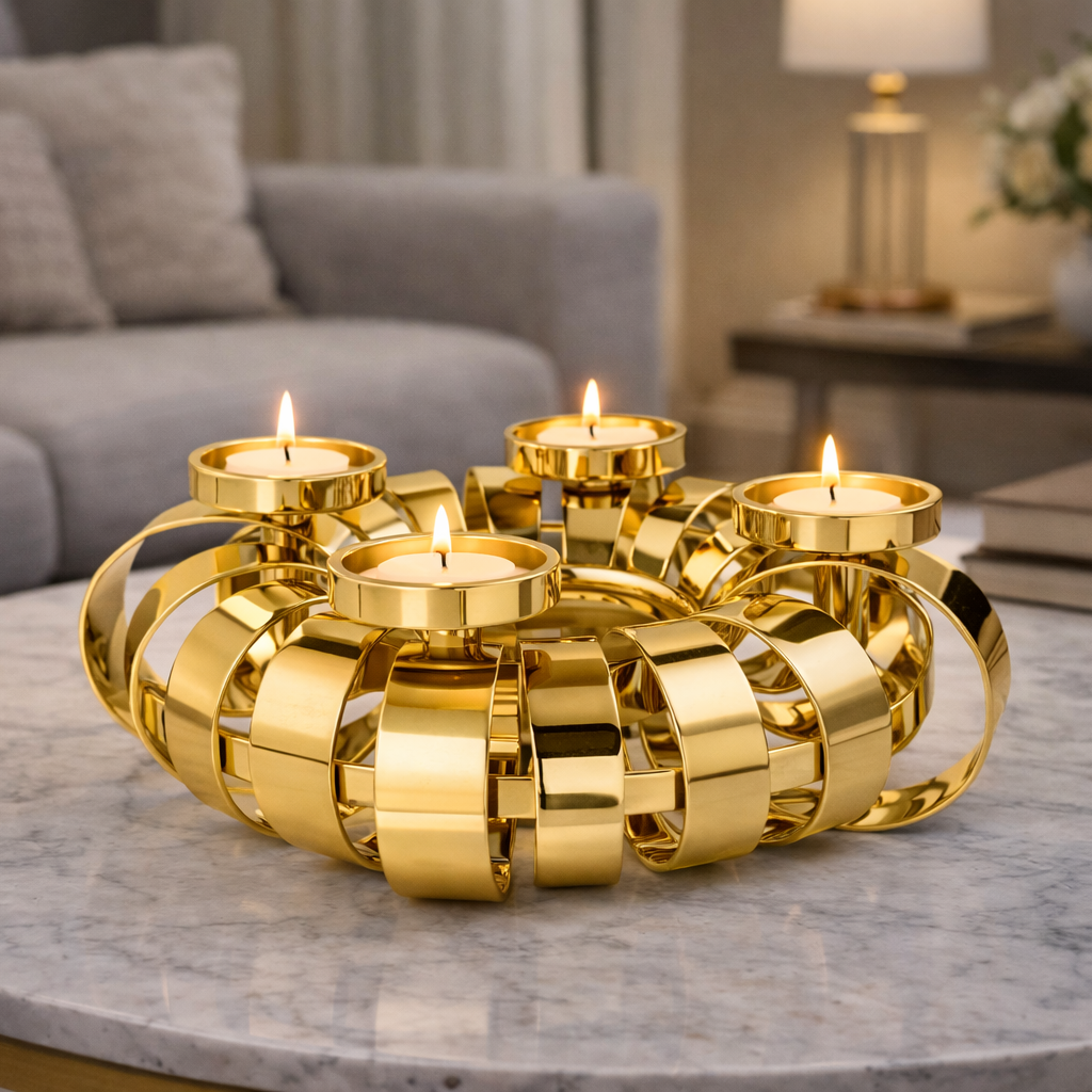 Large gilded candle stand with orbit design by Brich & Bronze, featuring a shiny gold finish and elegant craftsmanship.