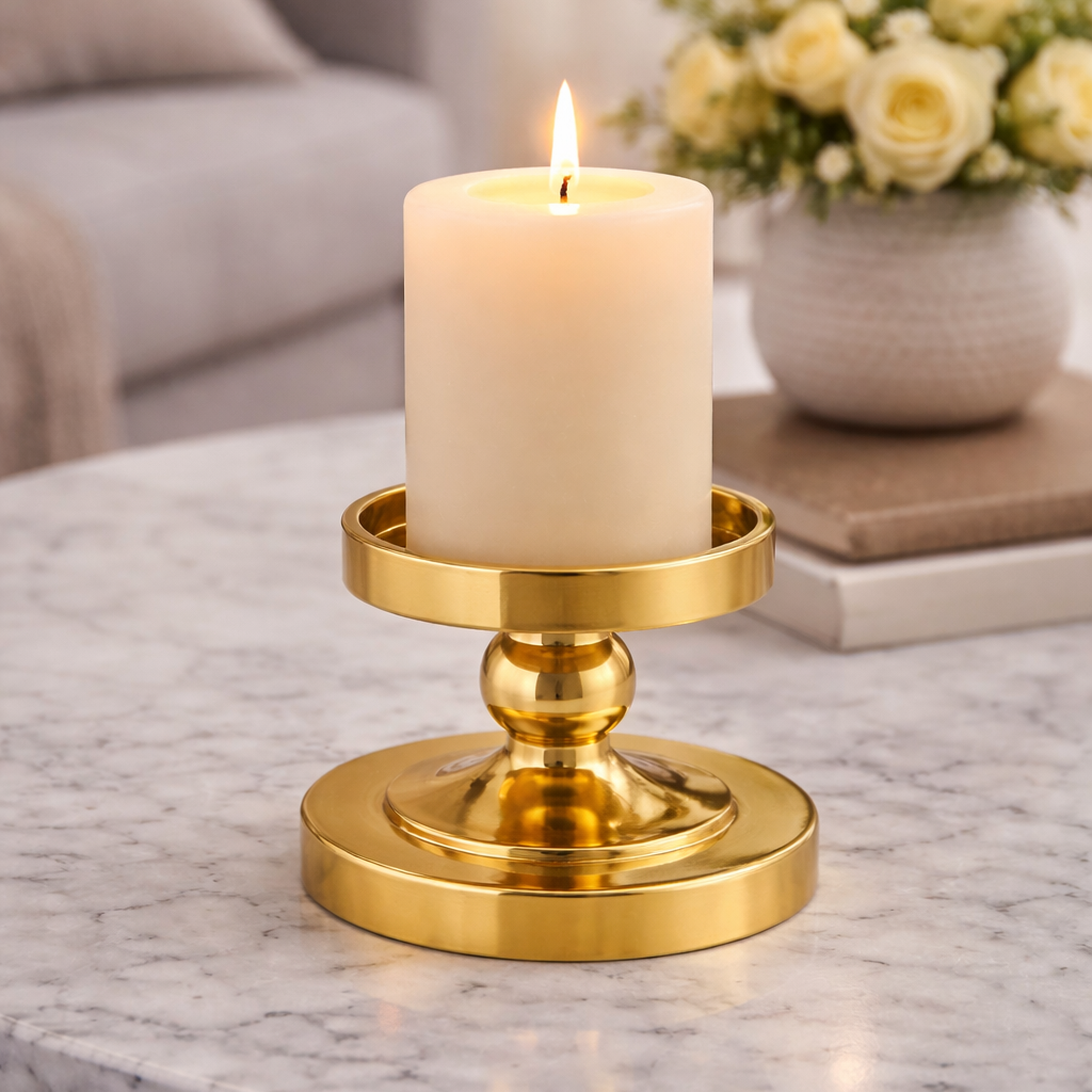 Small Lustre Pillar Candle Stand by Brich & Bronze, featuring a sleek, polished design perfect for home decor or centerpiece displays