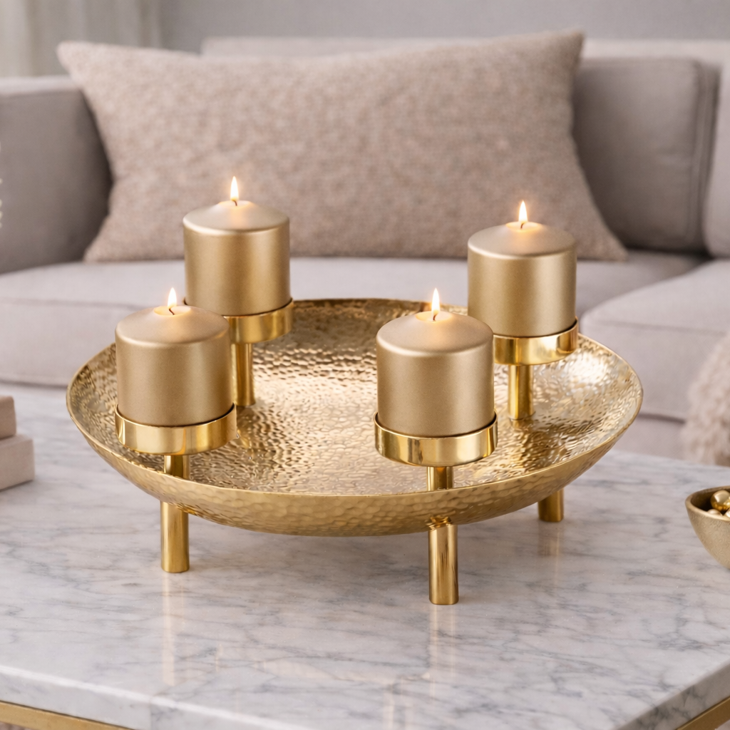Aurevia Halo Gold Candle Centerpiece by Brich & Bronze featuring a stylish gold-toned decorative candle holder with candles.