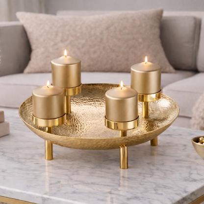 Aurevia Halo Gold Candle Centerpiece by Brich & Bronze featuring a stylish gold-toned decorative candle holder with candles.
