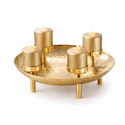 Aurevia Halo Gold Candle Centerpiece by Brich & Bronze featuring a luxurious gold candle holder with glowing candles.