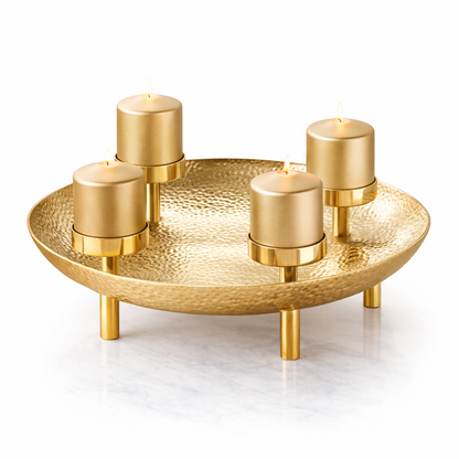 Brich & Bronze Lunara Crest Gold Candle Centerpiece with intricate floral design and elegant gold finish on a decorative table.