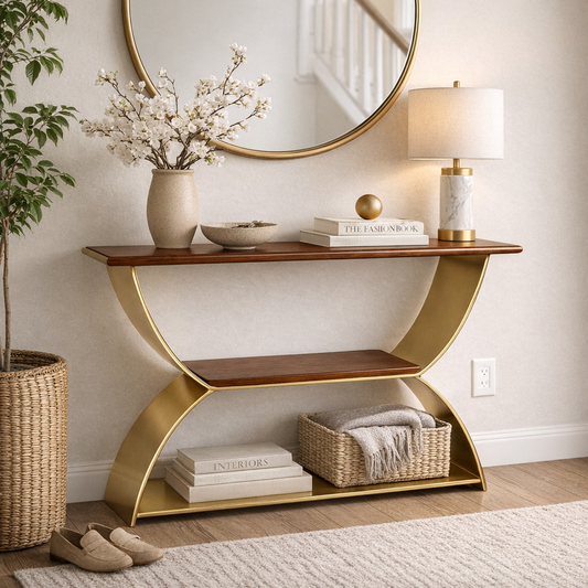Infinity Console Table – Dark Walnut Wood & Gold Console Table