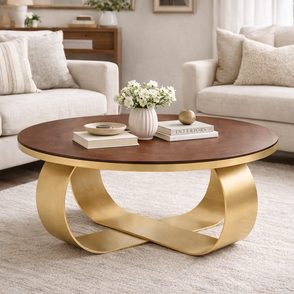 Infinity Coffee Table – Dark Walnut Wood Coffee Table with Black Metal Base