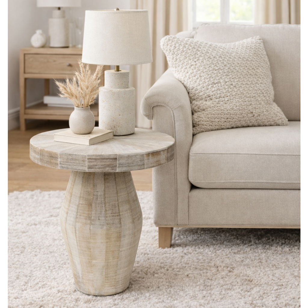 whitewash wood round side table for modern coastal living room