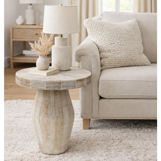 whitewash wood round side table for modern coastal living room