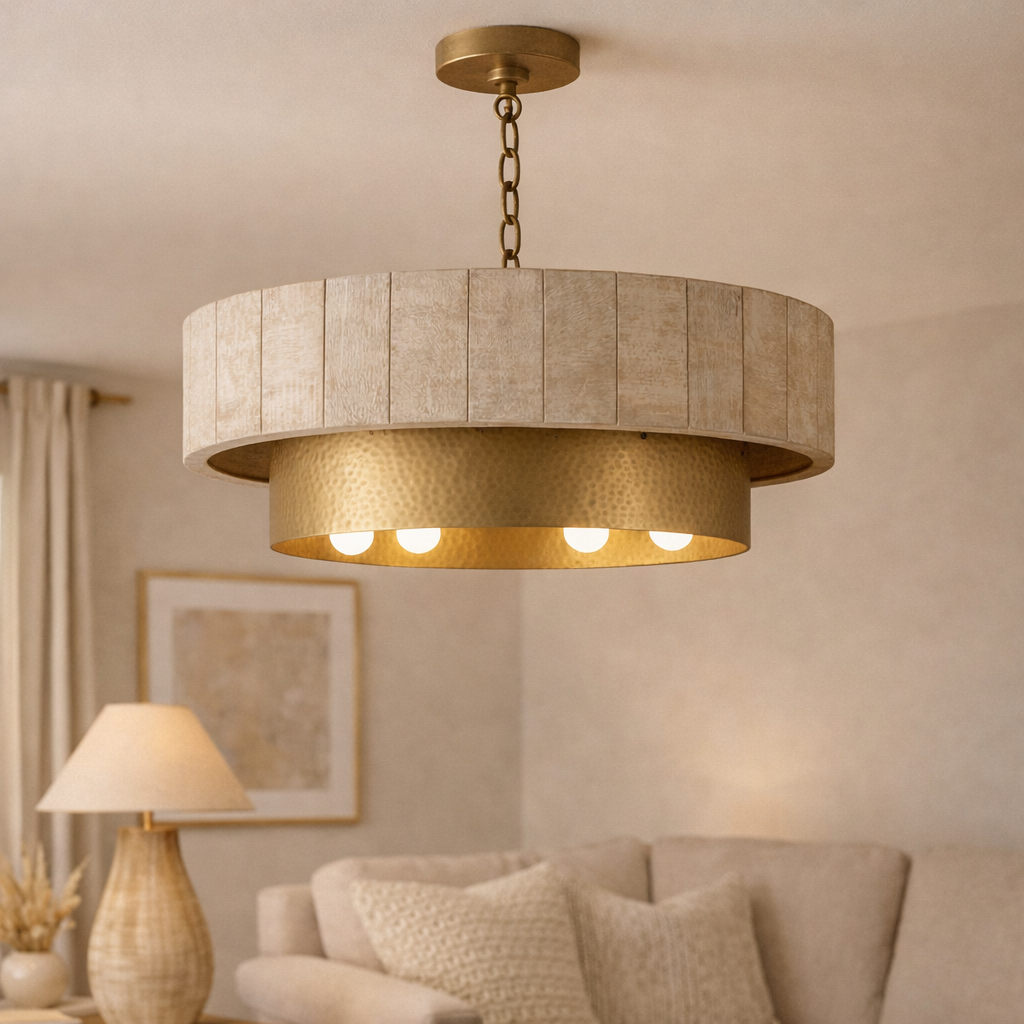 Whitewash wood drum chandelier from Brich & Bronze Sanibel collection, featuring a stylish and modern ceiling light fixture.