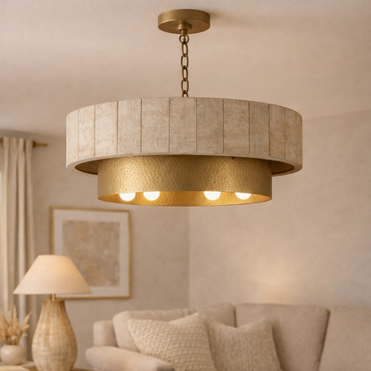 Whitewash wood drum chandelier from Brich & Bronze Sanibel collection, featuring a stylish and modern ceiling light fixture.
