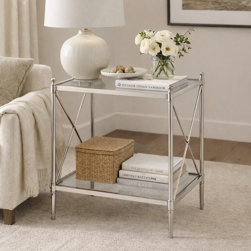 Opaluxe Side Table – Nickel &amp; Glass Modern Accent Table