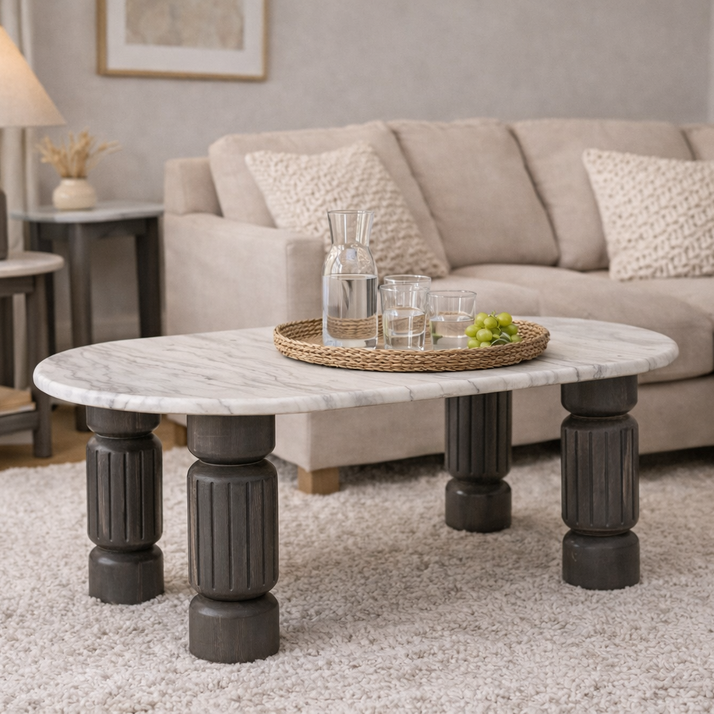 Gray Triton marble coffee table by Brich & Bronze, modern living room table with sleek marble surface and contemporary design.