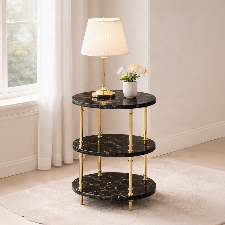 Large Elcoris side table by Brich & Bronze with a sleek wooden top and metal legs, ideal for modern living room decor.