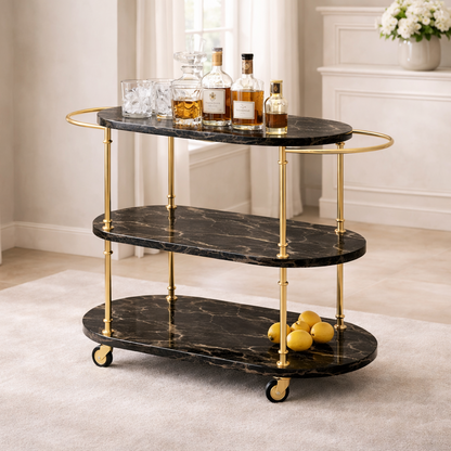Brich & Bronze Elcoris Bar Cart with black metal frame and wooden shelves, featuring wheels for easy mobility.