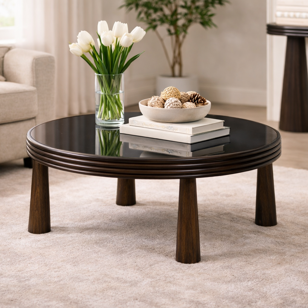 brown wood coffee table with black glass top for living room