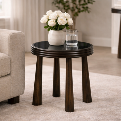 brown wood side table with black glass top for living room