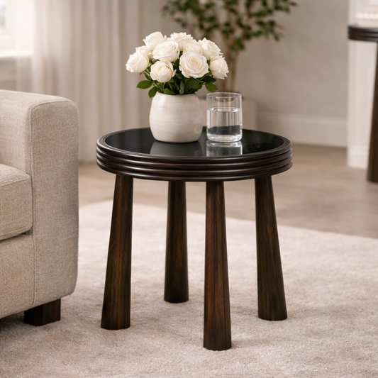 brown wood side table with black glass top for living room