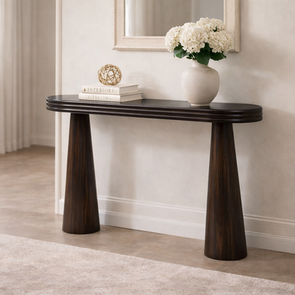 Solenne Console Table – Brown Wood Console Table with Black Glass Top