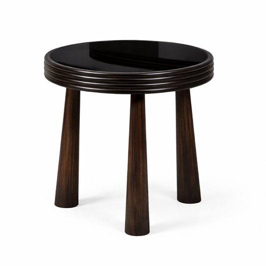 Brown wood Solenne side table with black glass top by Brich & Bronze, showcasing sleek modern design and smooth finish.